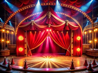 Panoramic Vibrant Circus Stage: Red Curtains, Bright Lights, Festive Atmosphere