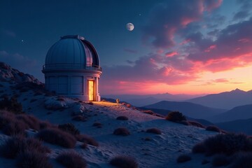 Obraz premium Astronomical observatory in lunar terrain at dusk, outdoors, space, moon