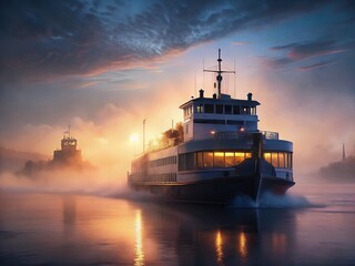Fototapeta premium Panoramic View: Automobile Ferry in Dense Fog - Dramatic Coastal Scene