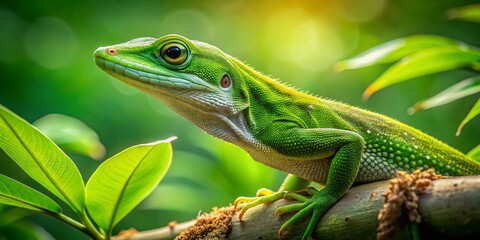 Fototapeta premium Panoramic View of a Vibrant Green Anole Lizard in its Natural Habitat