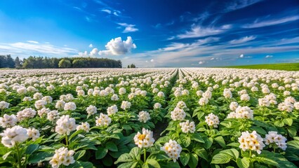 Panoramic View of Blooming Potato Field under a Vivid Blue Sky