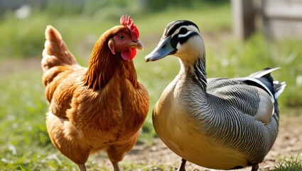 Poultry Companionship: A vibrant scene featuring a domestic chicken and duck, showcasing their unique features and textures, standing together in a sun-drenched grassy area.
