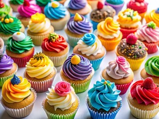 Panoramic View of Colorful Cupcakes Isolated on White Background