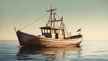Seafaring Serenity: A weathered fishing boat glides serenely across calm waters under a clear sky, a lone seagull perched on the railing, a testament to the enduring allure of the open sea. 