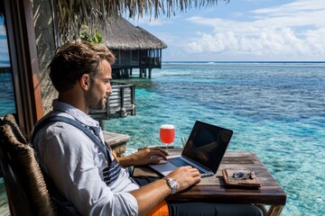 Digital Nomad Working from Luxury Beachfront Resort with Cocktail