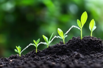 Naklejka premium Growth Stages of Seedlings Emerging from Dark Soil in Nature