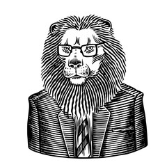 Lion in suit and tie . Animal character hipster in human clothes for beverages or business concept. cute hand drawn engraved in etching style.