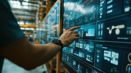 A closeup of a logistics dashboard showcases several data feeds from IoT sensors installed throughout the facility. Interactive AR visuals illustrate load weights and current vehicle