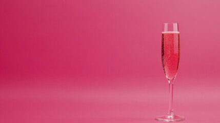 A sleek champagne glass filled with sparkling pink beverage against a vibrant pink background, exuding elegance and celebration.