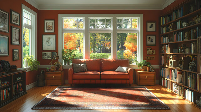 Autumn sunlit home library with terracotta couch