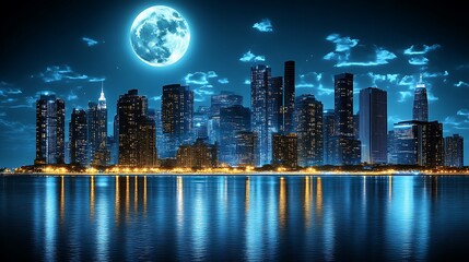 Fototapeta premium Night City Skyline Illuminated Underneath a Large Moon