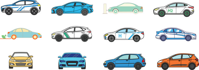 Naklejka premium Vector Car Clipart Collection. Vector Car Graphics in Different Colors.