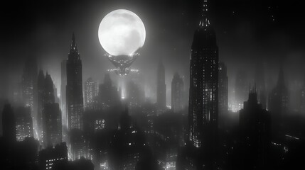 Fototapeta premium The large moon hovering over a city in the fog