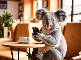 Koala's Digital Moment: A koala bear sits at a table, engaged with a smart phone next to a cup of coffee, capturing a humorous juxtaposition of wildlife in a modern setting.