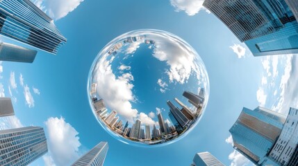 Global Business Headquarters Wide Angle View with Sky Reflection