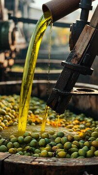 Olive oil extraction process showcases green olives being crushed in a traditional mill surrounded by rustic machinery