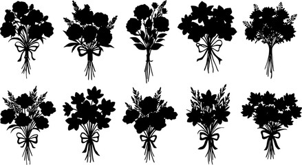 bouquets of flowers silhouette on white background vector
