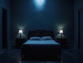 Dark bedroom with bed, nightstands, lamps, and doors.