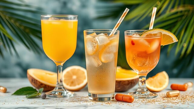 Fruit juice in a glass with shimmering gold glitter sprinkled on top, vitamins, luxurious - Powered by Adobe