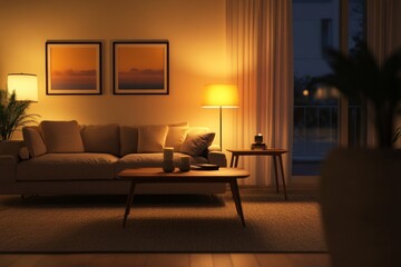 Cozy living room at night, warm lighting, sofa, coffee table, artwork.