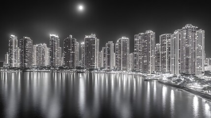 Fototapeta premium Cityscape at Night Under a Bright Moon
