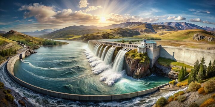 Panoramic View of Water Pouring from Roxburgh Dam Spillway, Clutha River, New Zealand