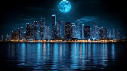 Cityscape at Night Under a Blue Moon