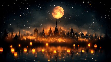 Enchanting Night Cityscape with Illuminated Towers and Floating Lanterns
