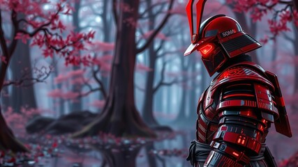 Naklejka premium Futuristic samurai in reflective armor and red accents standing in artificial forest, futuristic, concept art
