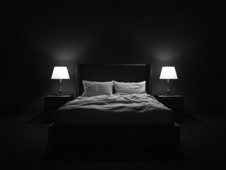 Dark bedroom with unmade bed and lamps.