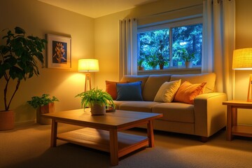 Cozy living room at night with warm lighting, beige sofa, plants, and window view.
