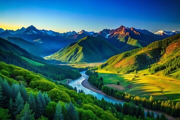 Panoramic Wildlife Landscape Photography - Long Lens Shot of Majestic Mountains and Serene Valley