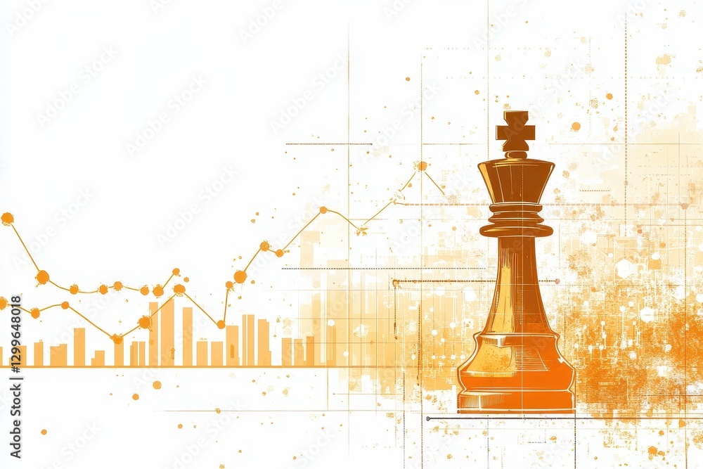 Poster chess king piece with abstract graphs and business insights background
