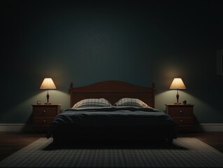 Dark bedroom with wooden bed, nightstands, and lamps.