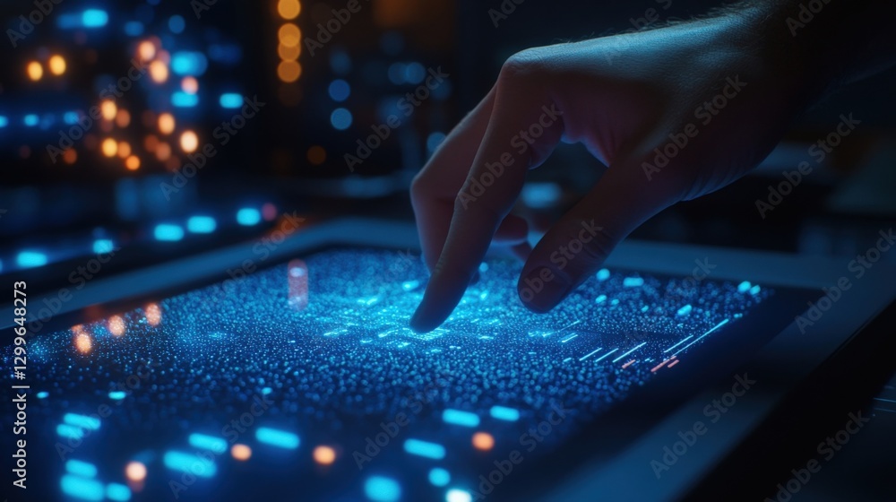 Poster close up of a hand manipulating complex data visualization on a high tech interactive display, showc