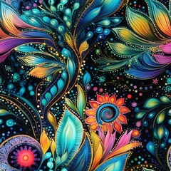 Vibrant Floral Pattern with Teal Gold and Pink Flowers on Black Background