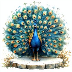 Majestic Peacock Displaying Colorful Tail On Stone Platform