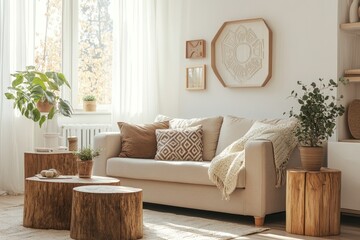 Naklejka premium Cozy living room with beige sofa, wooden coffee tables, plants, and wall art.