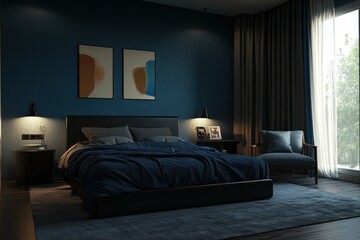 Dark blue bedroom interior at night.