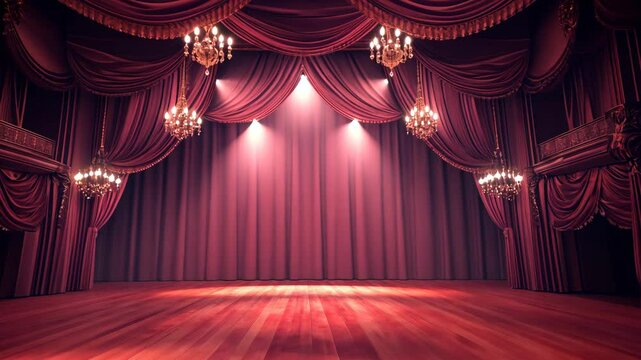 Elegant theater stage with rich curtains and chandeliers ready for performance at evening gala