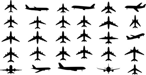 Naklejka premium set of passenger planes silhouette, collection of airplanes in flat style vector 