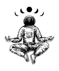 Spaceman meditating with moons in vintage engraved style. drawing of an astronaut in space done by hand in pen and ink in jumpsuit. astronomy and astrology illustration 