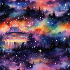 Whimsical Watercolor Carousel In A Starry Night Sky Over Dark Forest Trees Landscape Art