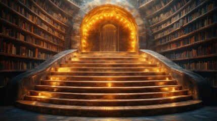 Obraz premium Magical library stairs, arched doorway, fantasy