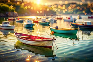 Obraz premium Peaceful Bay: Boats Gently Bobbing at Anchor with Bokeh Effect