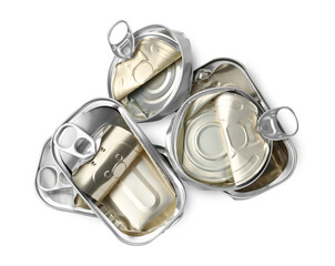Many crumpled tin cans isolated on white, top view