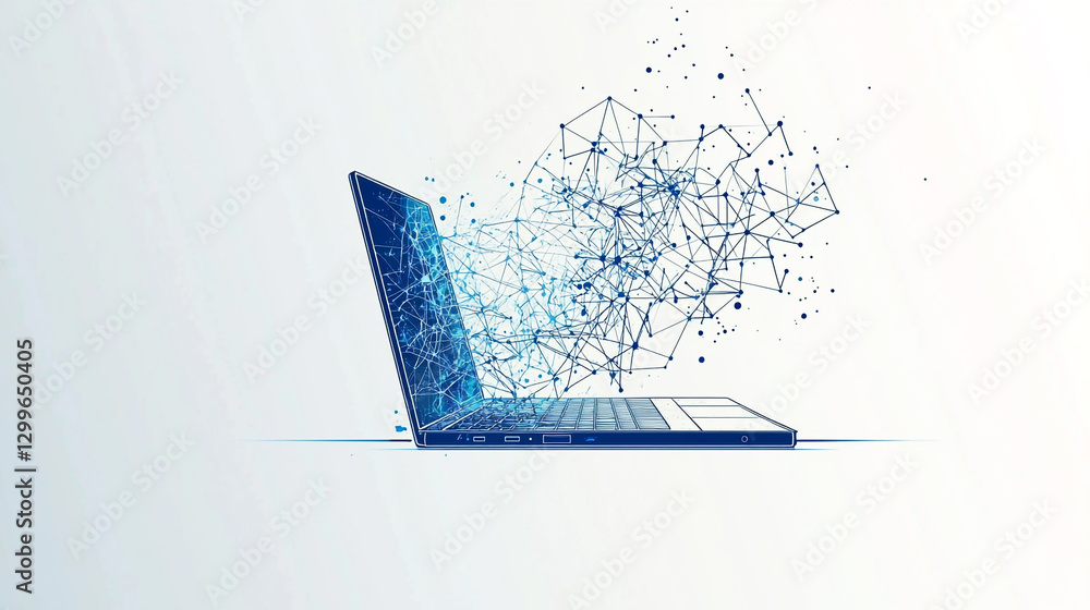 Poster abstract blue network data flowing from laptop screen digital technology web lines nodes online