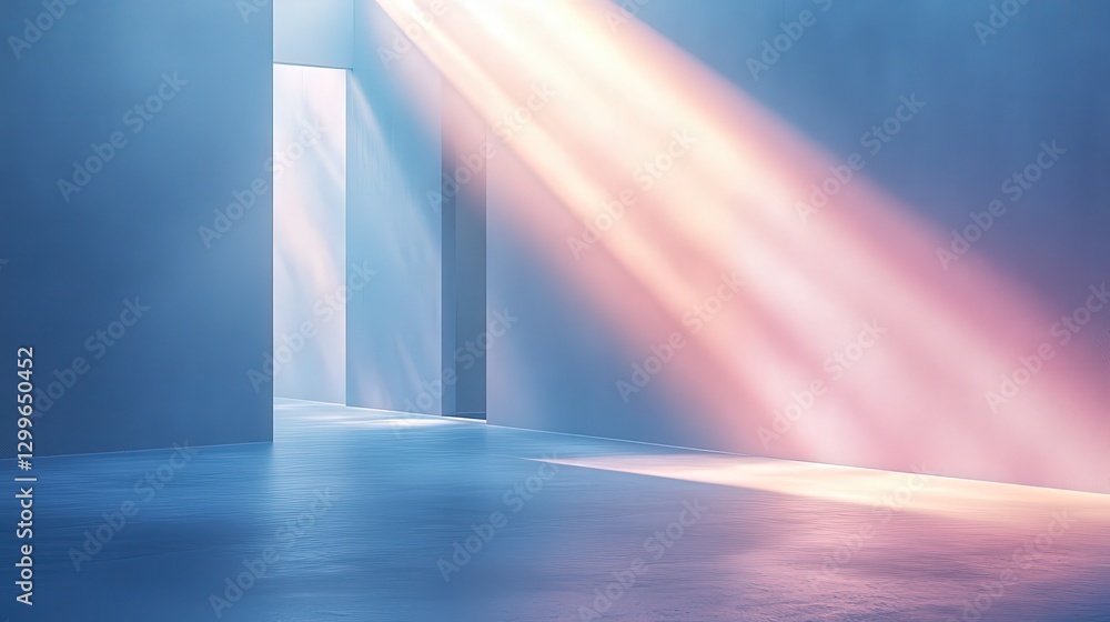 Poster soft light streaming through open doorway in minimalist interior space with smooth floor surface and