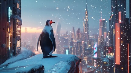 A futuristic penguin stands on a snowy ledge overlooking a vibrant, illuminated cityscape with towering skyscrapers during a snowfall at twilight