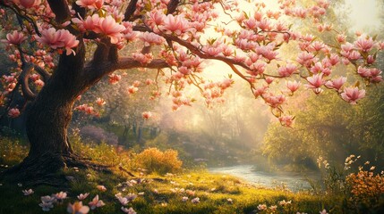 Blossoming tree in magic fairy tale garden. Fantastic meadow on river bank. Springtime in wonderland. 
